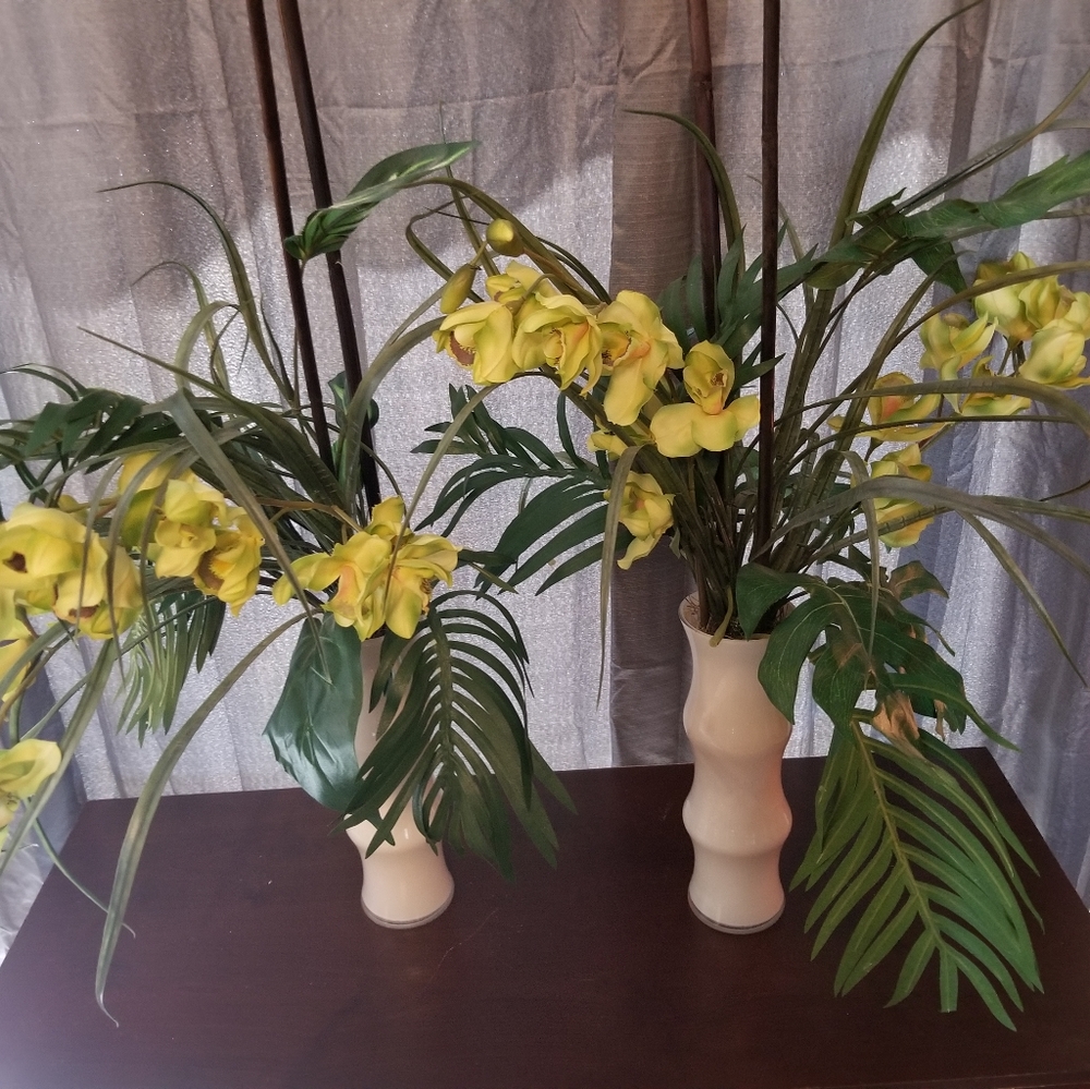 Flowers (artificial) 2 sets in white vases.